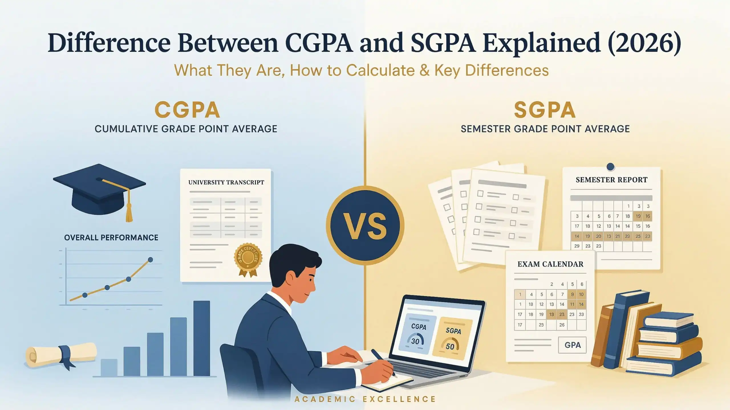 Difference between CGPA and SGPA explained with comparison chart showing calculation methods, academic performance tracking, and grading system differences.