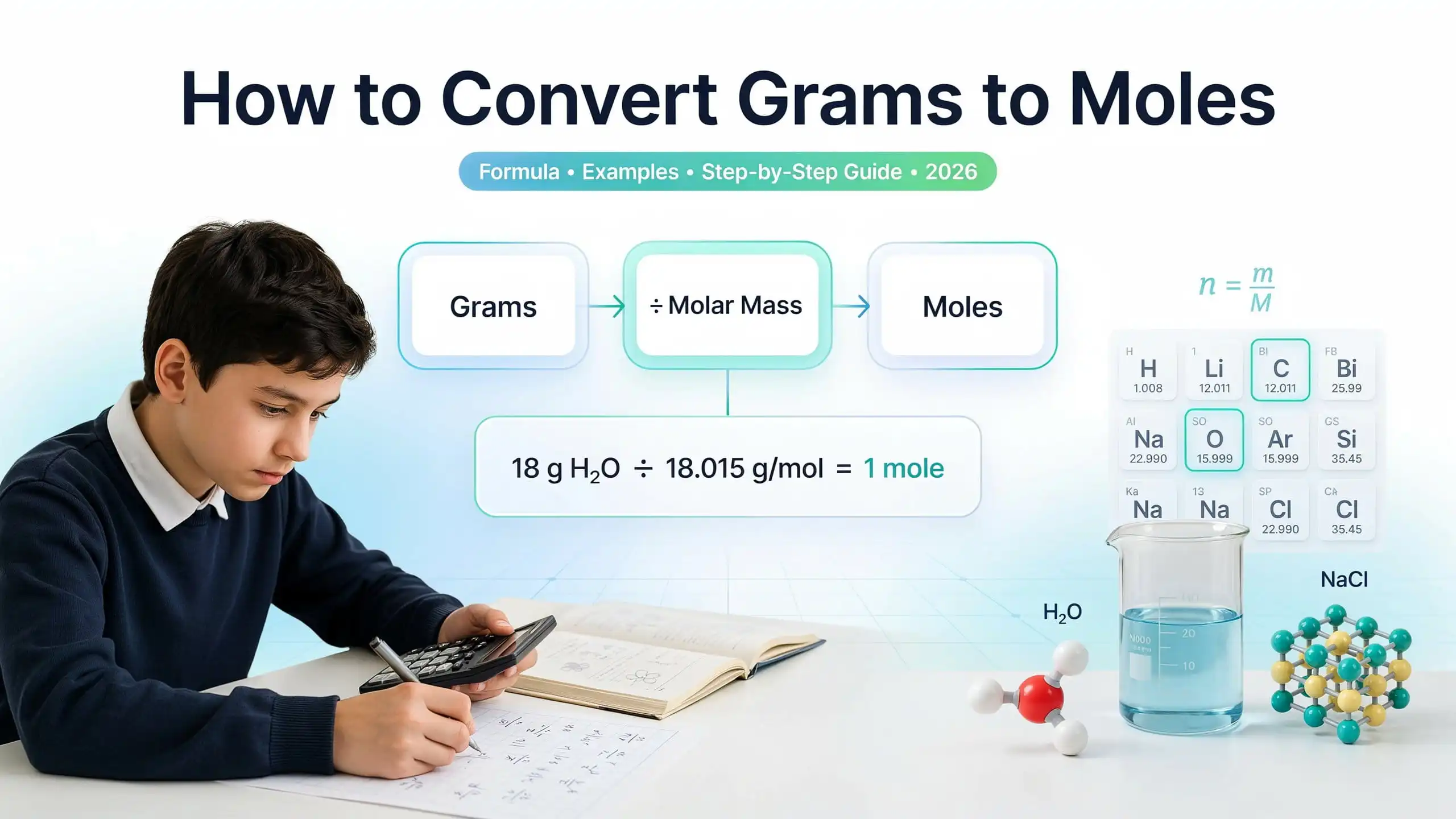 How to Convert Grams to Moles featured image showing the grams to moles formula, chemistry calculations, molar mass equation, periodic table, and step-by-step conversion example.