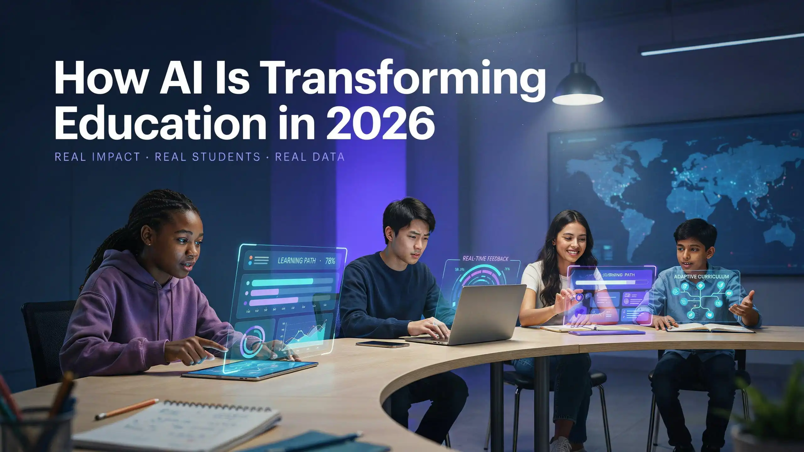 How AI Is Transforming Education in 2026 featuring AI-powered learning tools, personalized education, smart classrooms, and real student success.