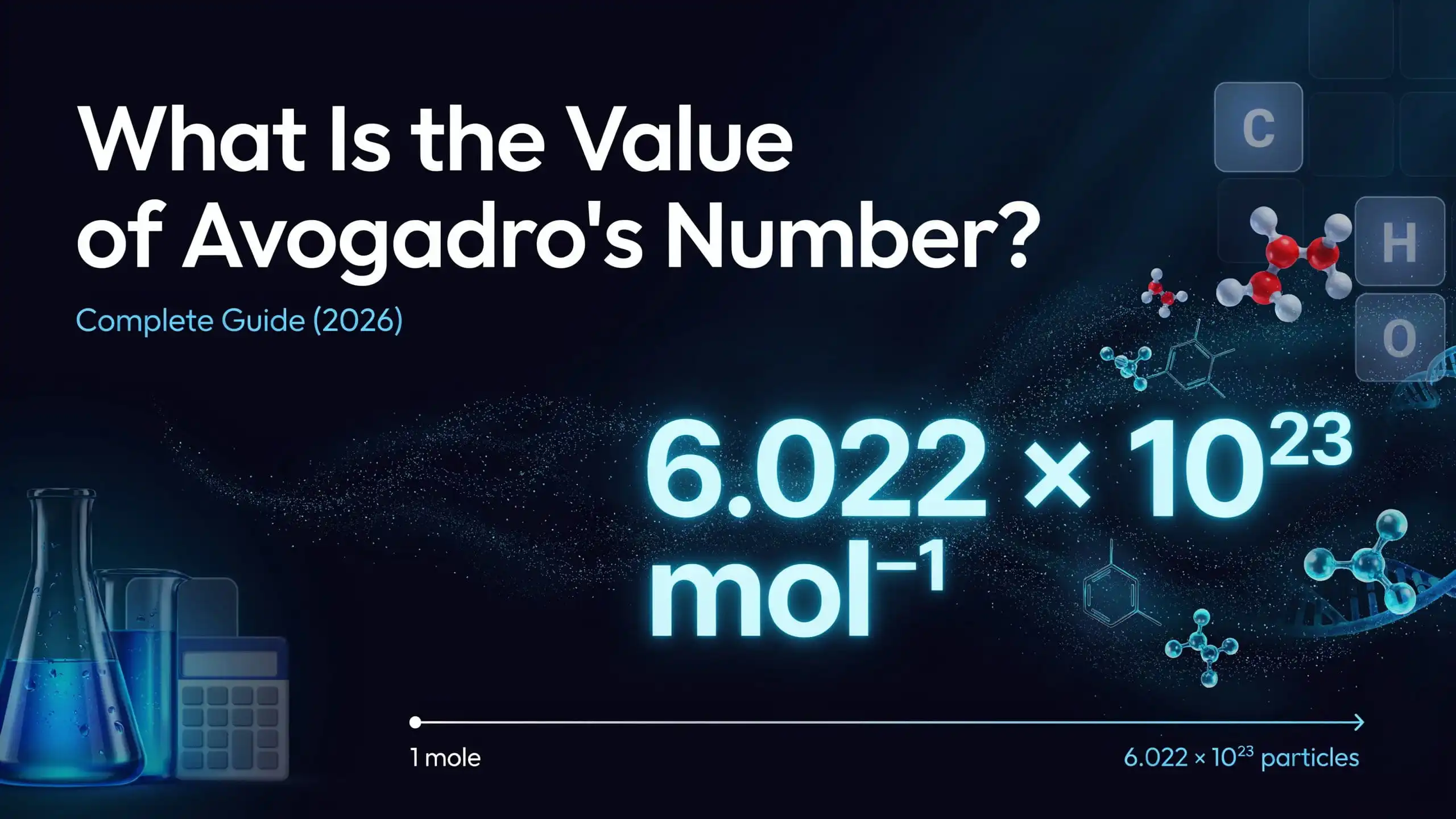 What is the value of Avogadro's Number showing 6.022 × 10²³ mol⁻¹ with chemistry molecules, atoms, and mole concept illustration.